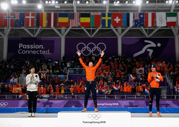 Gold medal winner Ireen Wust of The Netherlands reacts during the victory ceremony after winning the Ladies 1,500m Long Track Speed Skating final on Feb. 12, 2018.