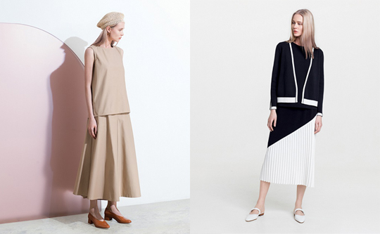 (From left to right) Constellation-print cotton dress and cotton dobby side-slit culottes; Lake jacquard cotton knitted top with matching pencil skirt; and Yarn long cardigan, double-knit tank top, and cotton dobby side-slit culottes