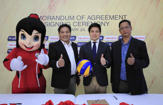Ariel Paredes, PSL Board of Director; Yasuhiko Oyama, IPC Vice President for Sales; Ginio Panganiban, PSL Board of Director, display the thumbs-up sign after signing their partnership.
