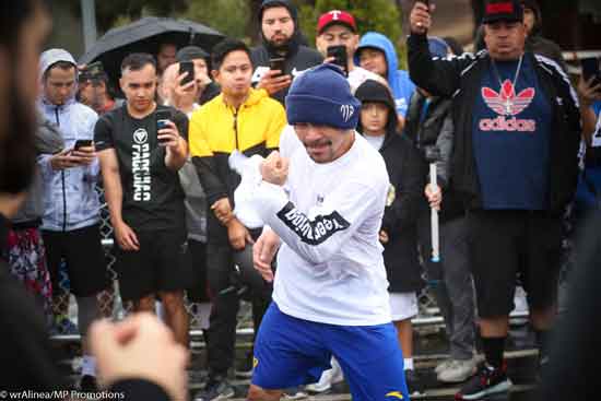 Manny Pacquiao thrills the crowd with a shadow boxing routine at the Griffith Park parking lot in Los Angeles, California on Friday. PHOTO BY WENDELL ALINEA