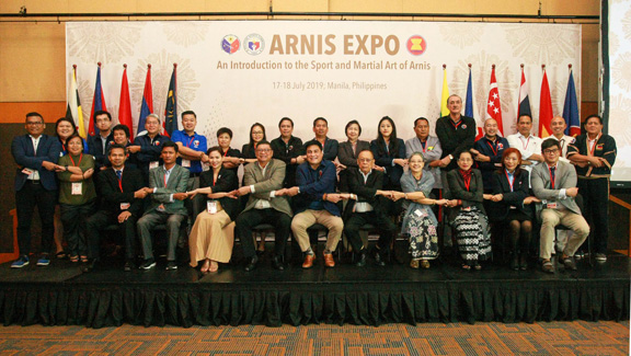 Philippine Escrima Kali Arnis Federation President Sen. Juan Miguel Zubiri and Team Philippines' Chef de Mission and PSC Chairman William Ramirez graced the opening of the Arnis Expo with the PSC commissioners and ASEAN representatives at the PICC last July 17. (Contributed photo)